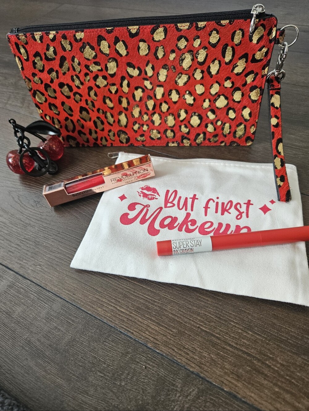 Red Leopard Pony Hair Wristlet Makeup Beauty Bundle